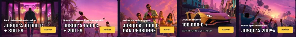 Gtspins Casino bannières promotionnelles avec bonus casino, bonus sport, invitation et récompenses VIP