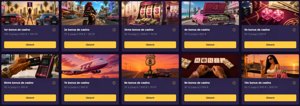 Gtspins Casino bonus de bienvenue réparti sur dix dépôts avec offres en euros et free spins