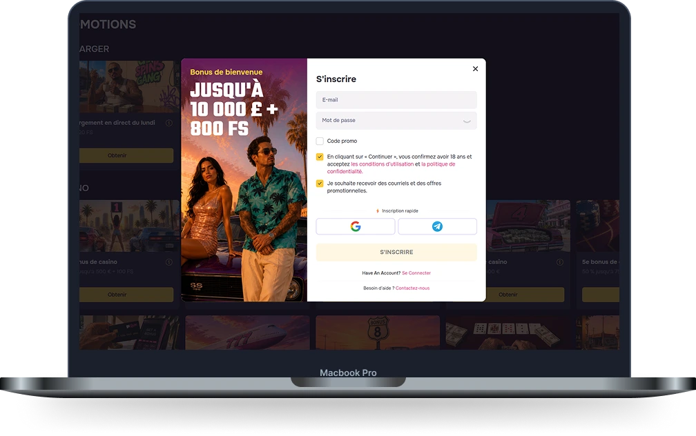 Gtspins Casino fenêtre d’inscription sur ordinateur avec bonus de bienvenue jusqu’à 10 000 € et 800 FS