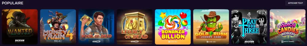 Gtspins Casino section populaire avec machines à sous Wanted Dead or a Wild, Money Train 4 et Book of Dead