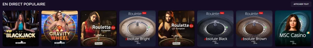 Gtspins Casino section live casino populaire avec blackjack VIP, Gravity Wheel et roulettes en direct