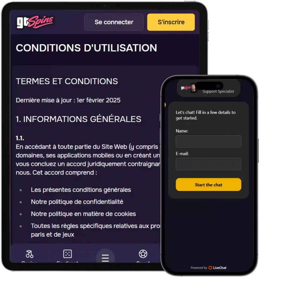 Gtspins Casino version mobile avec conditions d’utilisation, inscription et support live chat