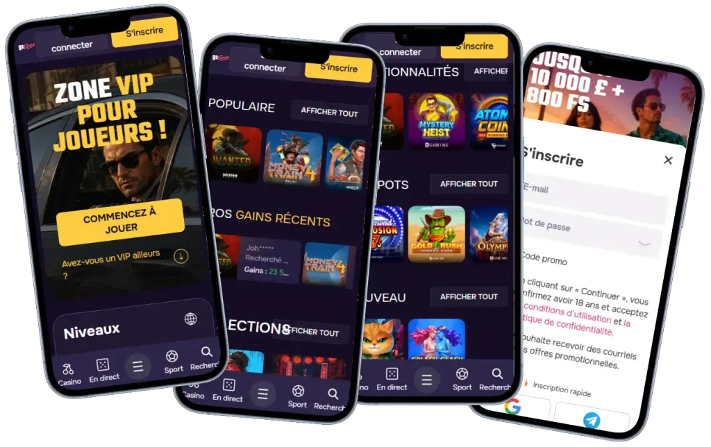 Gtspins Casino interface mobile avec zone VIP, jeux populaires, jackpots et formulaire d’inscription